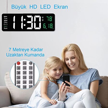 UpWay Kumandalı Büyük  HD LED Ekranlı Dijital Masa Duvar Saati Aynalı Elektronik Saat Sıcaklık Tarih