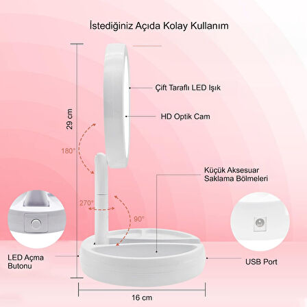 HyMark 10X Büyütme Çift Taraflı Katlanabilir 21 LED Işıklı Makyaj Aynası USB Kablo