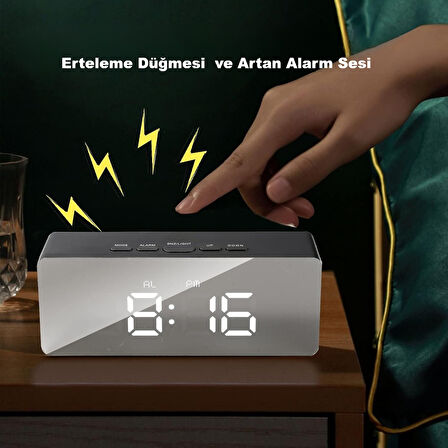 HyMark Dijital Çalar Saat Usb/Pil Aynalı LED Termometre Alarm Gece Modlu Eletronik Saat