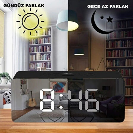 HyMark Dijital Çalar Saat Usb/Pil Aynalı LED Termometre Alarm Gece Modlu Eletronik Saat