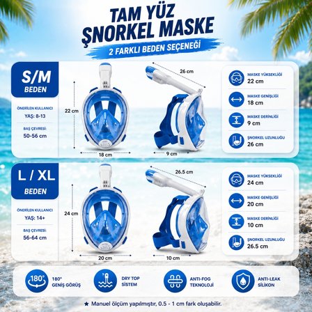 HyMark Tam Yüz Şnorkel Maske (S-M) Beden Panoramik Görüşlü Deniz Gözlüğü Dry Top Sistem Şnorkel Seti