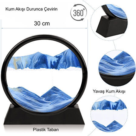 HyMark Hareketli 3D Kum Saati 30cm Büyük Boy Mavi Yuvarlak 12inch Cam Dekoratif Sanatsal Rahatlatıcı