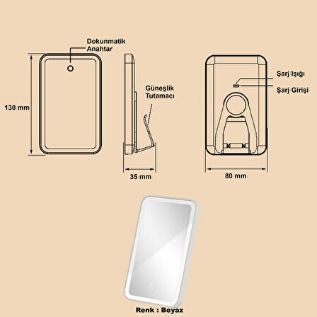 HyMark Araç İçi Dokunmatik Led Işıklı 3 Modlu Makyaj Aynası Kısılabilir Şarjlı Pilli Klipsli Güneşlik Aynası