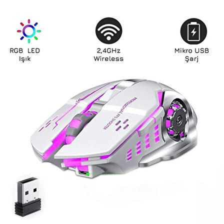 UpWay TW-Q13 Kablosuz Sessiz RGB LED Işıklı Şarjlı Ergonomik 2400DPI Gaming Mouse Beyaz