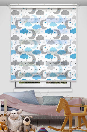 Ay Dede Ve Mavi Bulut Baskılı Çocuk Odası Perdesi - Dijital Baskılı Zebra Stor Perde
