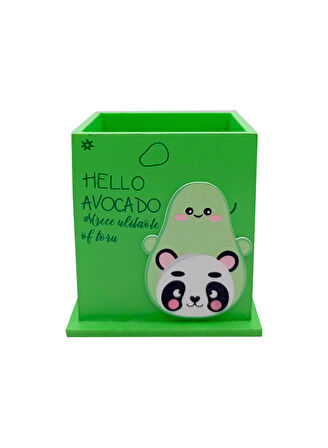 Ahşap Masaüstü Kalemlik Sevimli Avakado Panda Desenli Yeşil - 1 Adet