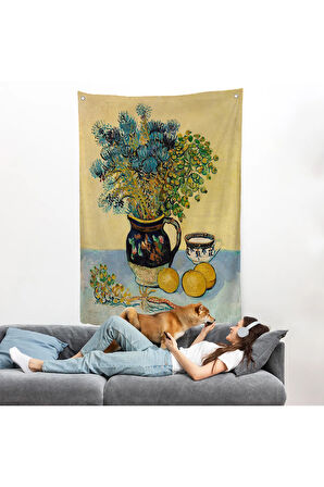 Natürmort Kır Çiçekleri ile Majolica Tarzı Sürahi Duvar Örtüsü - Vincent Van Gogh-7451