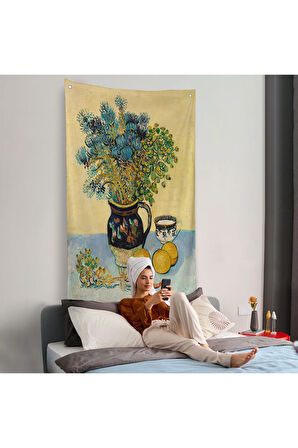 Natürmort Kır Çiçekleri ile Majolica Tarzı Sürahi Duvar Örtüsü - Vincent Van Gogh-7451