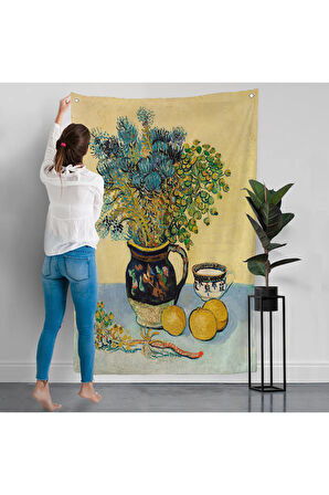 Natürmort Kır Çiçekleri ile Majolica Tarzı Sürahi Duvar Örtüsü - Vincent Van Gogh-7451