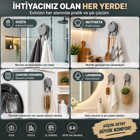 Vakumlu Havlu Bornoz Askısı 9 KG Çift Kancalı Delmeden Montaj Banyo Mutfak Duvar Askısı