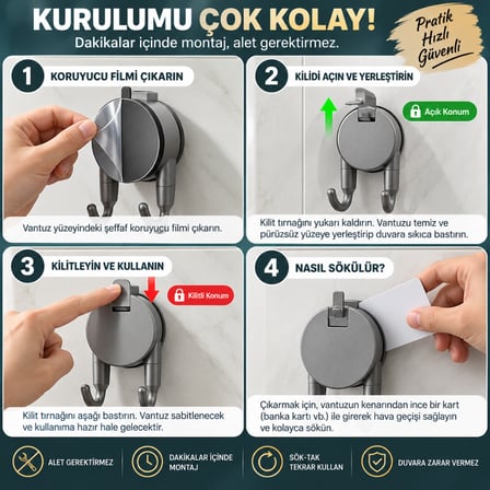 Vakumlu Havlu Bornoz Askısı 9 KG Çift Kancalı Delmeden Montaj Banyo Mutfak Duvar Askısı