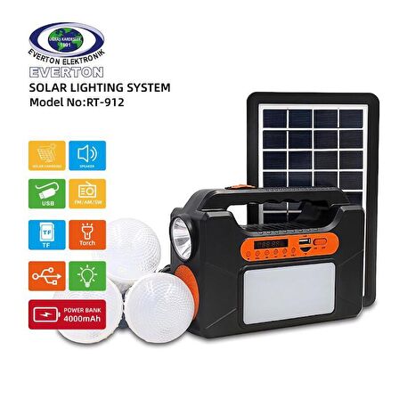 Everton Rt-912 Bluetooth lu 3 Ampullü Solar Güneş Enerjili Fener Kamp Lambası Ve Radyo
