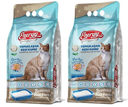 Energy Marsilya Sabunu Kokulu İnce Taneli Topaklaşan Bentonit Kedi Kumu 2 x10 Paket= 20 Litre