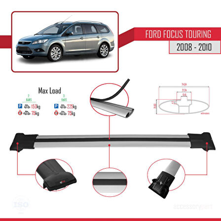 Ford Focus 2 (C307) Turnier 2008-2010 Arası ile Uyumlu FLY Model Ara Atkı Tavan Barı Gri 2 Adet