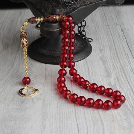 ZİRKON TAŞLI ALTIN KAPLAMA PÜSKÜLLÜ ATEŞ KEHRİBAR TESBİH 5541