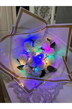 14’lü Beyaz Ledli Yapay Gül Buketi