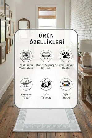 Golday Açık Gri Yıkanabilir Kaymaz Taban Dijital Baskılı Yolluk Halı Gri Gold