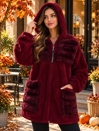 Cep Detaylı Büyük Beden Peluş Bordo Mont
