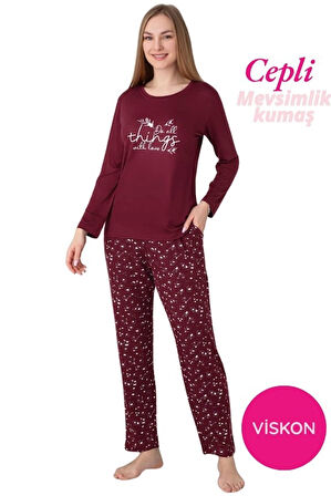 Kadın Bisiklet Yaka Düğmesiz Dökümlü Viskon Mevsimlik Uzun Kollu Cepli Pijama Takımı