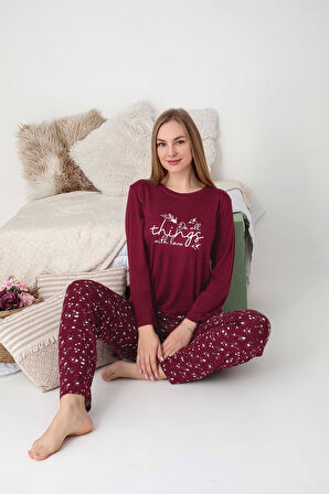 Kadın Bisiklet Yaka Düğmesiz Dökümlü Viskon Mevsimlik Uzun Kollu Cepli Pijama Takımı