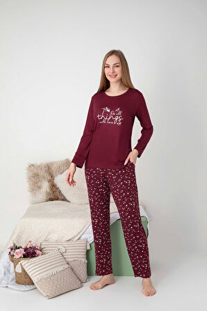 Kadın Bisiklet Yaka Düğmesiz Dökümlü Viskon Mevsimlik Uzun Kollu Cepli Pijama Takımı