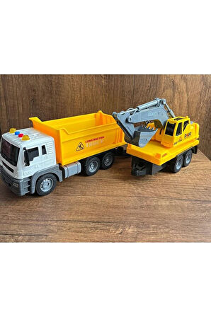 Sürtmeli Iş Makinaları 2'li Oyuncak Kamyon Kepçe Set Damperli Kamyon Ekskavatör Kepçe Işıklı Sesli