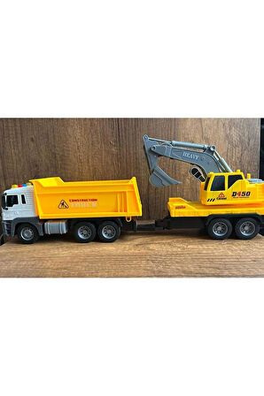 Sürtmeli Iş Makinaları 2'li Oyuncak Kamyon Kepçe Set Damperli Kamyon Ekskavatör Kepçe Işıklı Sesli