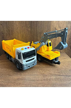 Sürtmeli Iş Makinaları 2'li Oyuncak Kamyon Kepçe Set Damperli Kamyon Ekskavatör Kepçe Işıklı Sesli