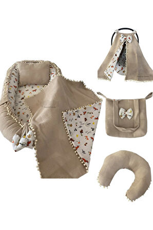 Nest Pike Ve Müslin Kumaş Tilki Tasarım Ponponlu 7'li Jaju Jaju-babynest Anne Yanı Set