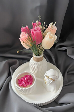 5 Parça, Balmumu Çiçek Mum, Vazo, Kap Mumu ve Kadın Figürü Ev Dekorasyon Seti