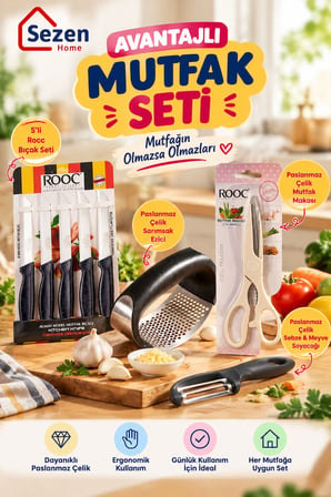 Avantajlı Mutfak Seti – ROOC 5'li Tırtıklı Bıçak Seti, Mutfak Makası, Sarımsak Ezici ve Sebze Meyve Soyacağı