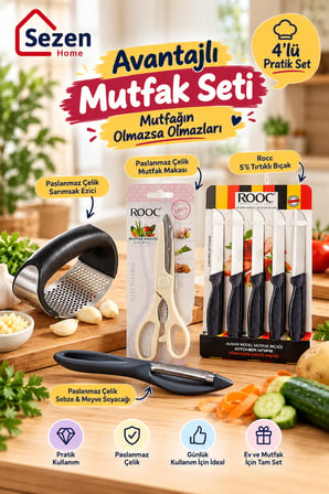 Avantajlı Mutfak Seti – ROOC 5'li Tırtıklı Bıçak Seti, Mutfak Makası, Sarımsak Ezici ve Sebze Meyve Soyacağı
