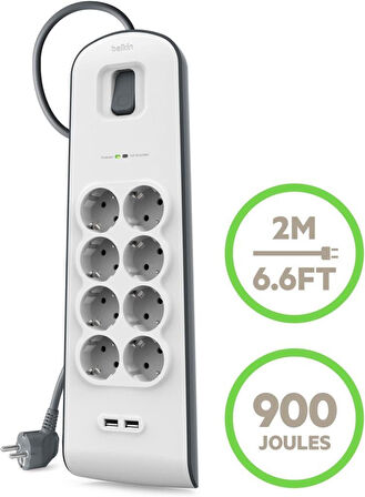 Belkin BSV804VF2M 900 Joule 2 USB'li 8'li 2 m Akım Korumalı Priz Teşhir