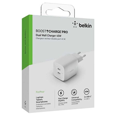 Belkin Çift USB-C 45W Şarj Cihazı Beyaz WCH011VFWH