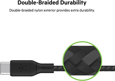 Belkin USB-C USB-C USB-IF Sertifikalı Çift Örgülü Data ve Şarj Kablosu, 100W, 2 Metre