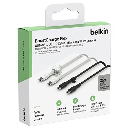 Belkin CAB009BT1MBW2PK Type C- Silikon Kablo 1 Metre 2'li Paket - Siya/Beyaz
