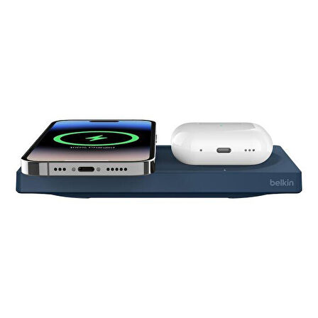 Belkin WIZ019VFBL-APL BoostCharge Pro 2‑in‑1 MagSafe 15W Kablosuz Şarj Standı - Mavi
