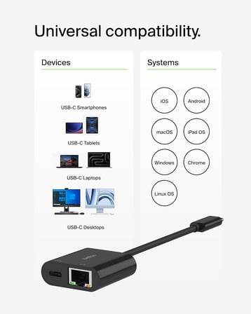 Belkin Connect USB-C - Ethernet + Şarj Adaptörü 100W, Gigabit Ethernet Bağlantı