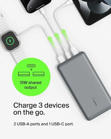 Belkin USB C Taşınabilir Şarj Cihazı 20000mAh, 15W Powerbank, USB Type C Giriş Çıkış Portu ve 2 USB A Portu, USB C – Uzay Grisi