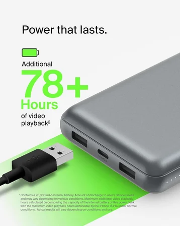 Belkin USB C Taşınabilir Şarj Cihazı 20000mAh, 15W Powerbank, USB Type C Giriş Çıkış Portu ve 2 USB A Portu, USB C – Uzay Grisi