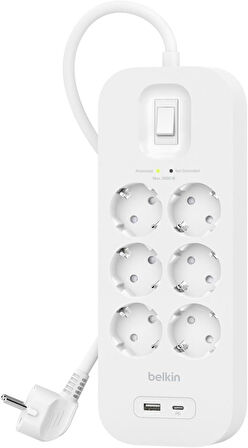 Belkin 6'lı Yüksek Gerilim Korumalı Çoklu Priz, Hızlı şarj için USB-C ve USB-A bağlantısı 650 jul koruma 2m, Beyaz