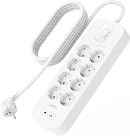 Belkin 8'li Yüksek Gerilim Korumalı, Hızlı Şarj USB-C PD'li 2 USB C bağlantısı, 900 jul koruma Çoklu Priz, 2 Metre