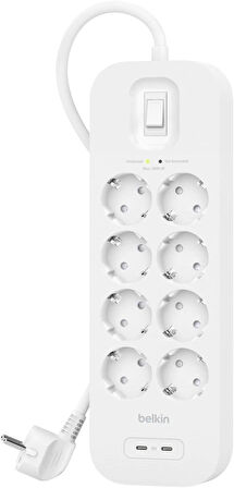 Belkin 8'li Yüksek Gerilim Korumalı, Hızlı Şarj USB-C PD'li 2 USB C bağlantısı, 900 jul koruma Çoklu Priz, 2 Metre