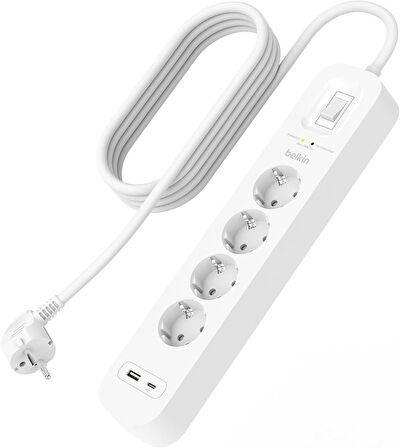 Belkin 4'lü Yüksek Gerilim Korumalı Çoklu Priz, Hızlı şarj için USB C PD'li USB-C ve USB-A, 525 jul koruma 2m, Beyaz