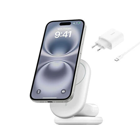 Belkin WIZ028VFWH BoostCharge Pro Katlanabilir Qi2 15W Kablosuz Şarj Standı - Beyaz