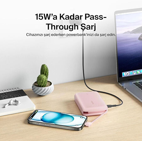 Belkin BoostCharge Powerbank, Entegre Type-C Kablolu 10K PD 20W, Pembe
