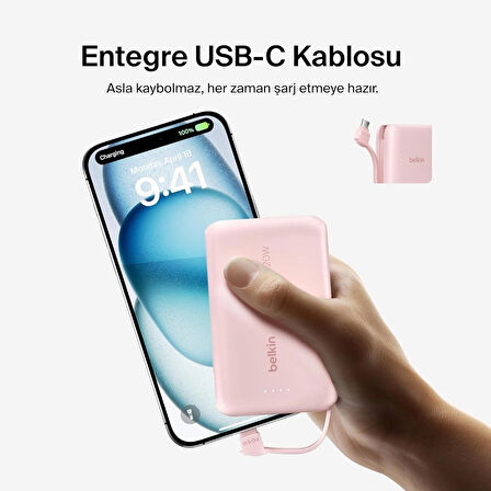 Belkin BoostCharge Powerbank, Entegre Type-C Kablolu 10K PD 20W, Pembe