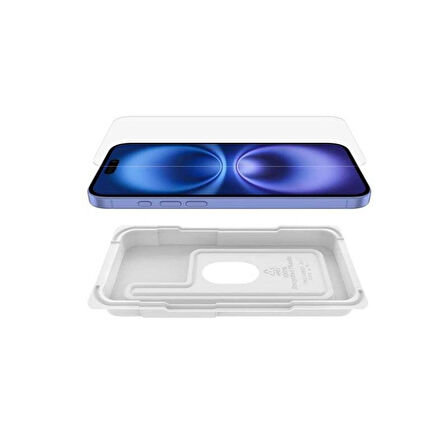 Belkin Belkin ScreenForce InvisiGlass iPhone 16 Plus Ekran Koruyucu, Kabarcıksız Uygulama için Konumlandırma Kabı