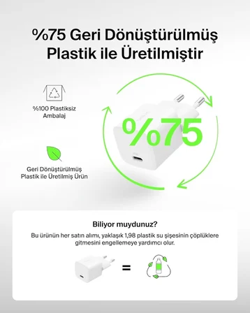 Belkin USB-C 25 W, USB-C Kablo dahil (1 m) PD 3.0 PPS Hızlı Şarj Cihaz, Beyaz