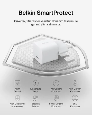 Belkin USB-C 25 W, USB-C Kablo dahil (1 m) PD 3.0 PPS Hızlı Şarj Cihaz, Beyaz